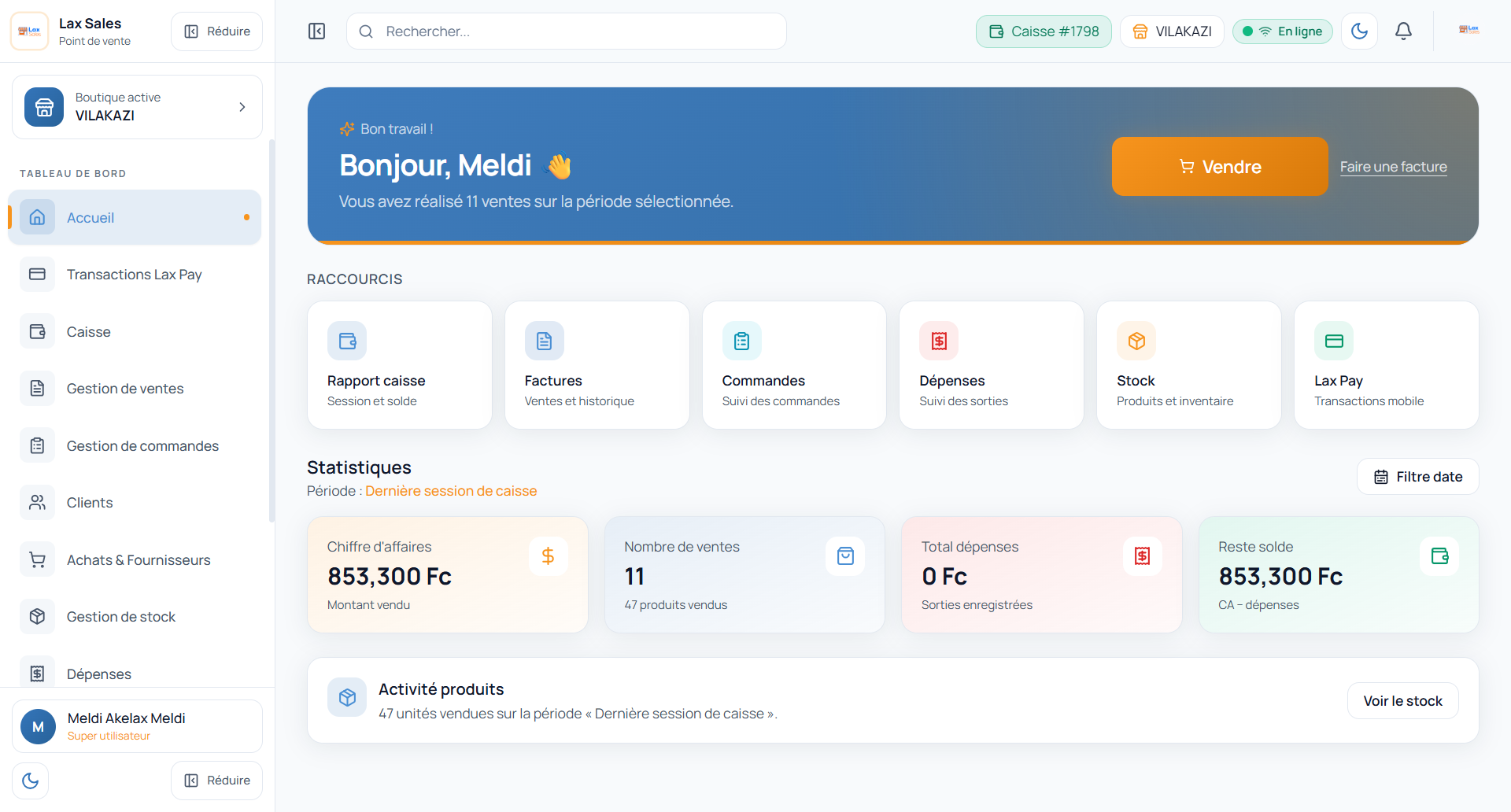 Interface caisse POS Lax Sales — tableau de bord gestion commerciale Kinshasa RDC